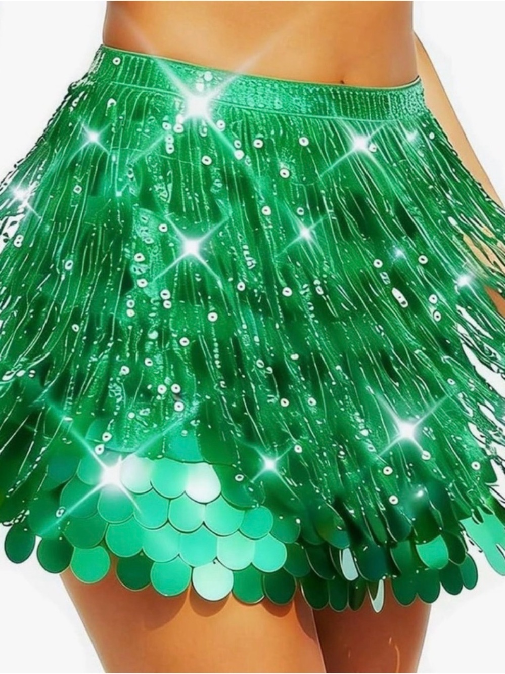 Emerald Sequin Fringe Mini Skirt - Women